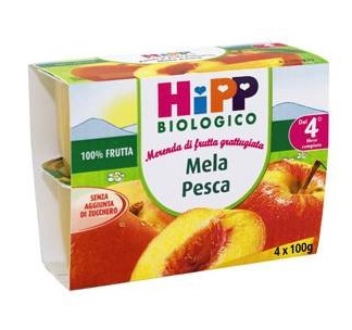HIPP BIO FRUTTA GRATTUGGIATA MELA PESCA 4X100 G - fitfarma.it