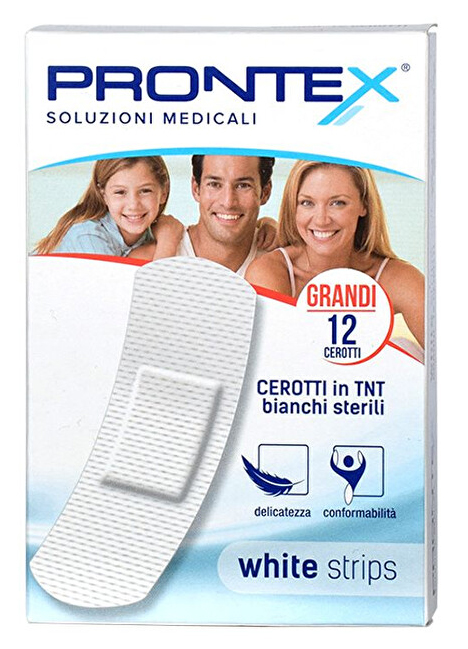 CEROTTO PRONTEX WHITE STRIPS IN TESSUTO NON TESSUTO BIANCO STERILE SCATOLA 12 CEROTTI GRANDI - fitfarma.it
