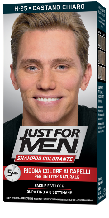 JUST FOR MEN SHAMPOO COLORANTE H25 CASTANO CHIARO ATTIVATORE CHIARO 38,5 ML + BASE COLORE 27,5 ML - fitfarma.it