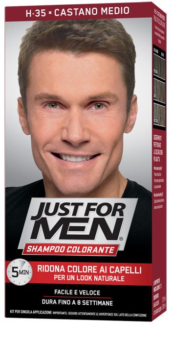 JUST FOR MEN SHAMPOO COLORANTE H35 CASTANO MEDIO ATTIVATORE CHIARO 38,5 ML + BASE COLORE 27,5 ML - fitfarma.it