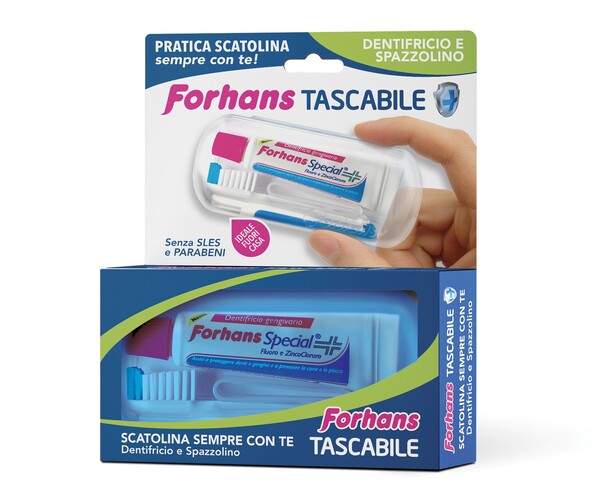 FORHANS TRAVEL KIT TASCABILE COMPOSTO DA SPAZZOLINO DA VIAGGIO + FORHANS SPECIAL PASTA DENTIFRICIA TUBETTO 12,5 ML - fitfarma.it