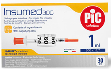 SIRINGA INSULINA PIC INSUMED 1 ML 100 UI AGO GAUGE 30 12,7 MM SENZA SPAZIO MORTO 30 PEZZI - fitfarma.it