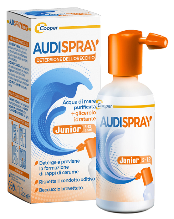 AUDISPRAY JUNIOR 3-12 ANNI SOLUZIONE DI ACQUA DI MARE IPERTONICA SPRAY SENZA GAS IGIENE ORECCHIO 25ML - fitfarma.it