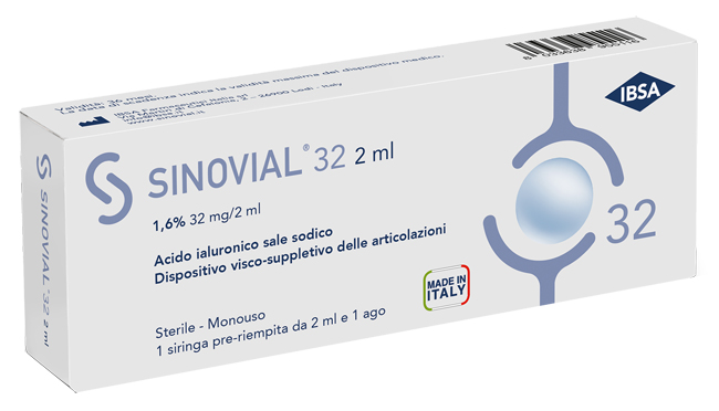 SIRINGA INTRA-ARTICOLARE SINOVIAL 32 ACIDO IALURONICO 1,6% 32 MG/2 ML 1 FS + AGO GAUGE 21 1 PEZZO - fitfarma.it