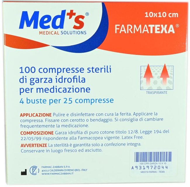 GARZA COMPRESSA IDROFILA MEDS FARMATEXA 2/8 10X10CM 100 PEZZI - fitfarma.it