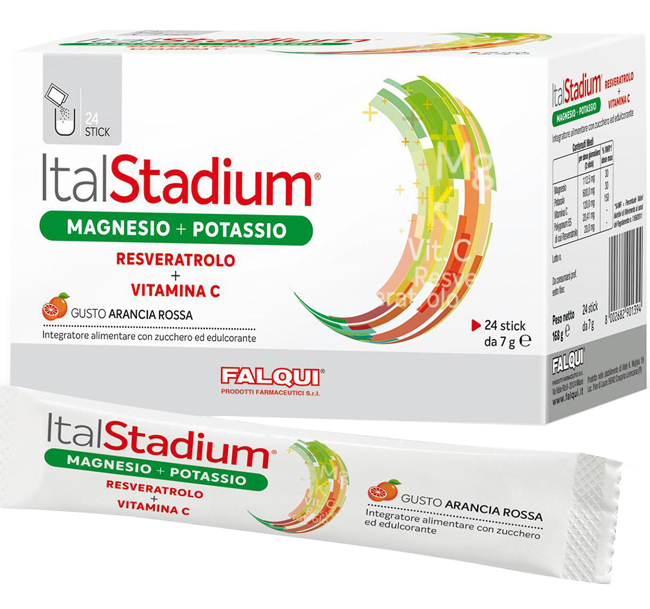 ITALSTADIUM MAGNESIO POTASSIO RESVERATOLO VITAMINA C ARANCIA ROSSA 24 STICK - fitfarma.it