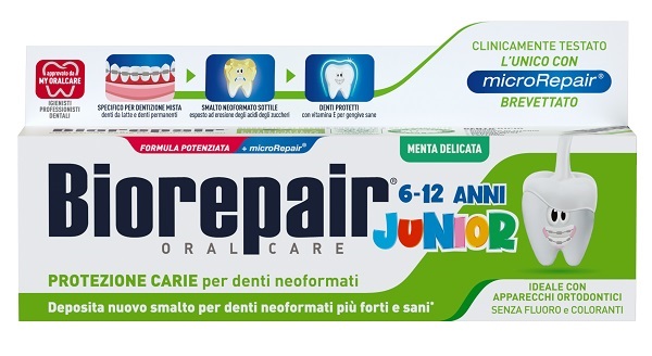 BIOREPAIR ORAL CARE JUNIOR 6-12 ANNI DENTIFRICIO PROTEZIONE ANTI CARIE SMALTO NEOFORMATO ALLA MENTA DELICATA 75 ML - fitfarma.it