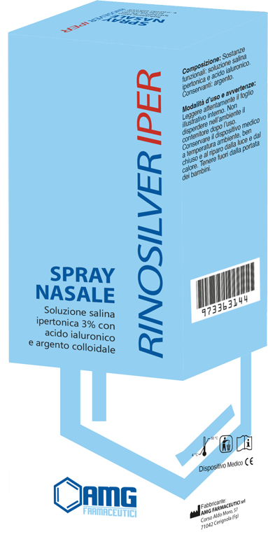 RINOSILVER SOLUZIONE SALINA IPERTONICA 3% CON ACIDO IALURONICO E ARGENTO COLLOIDALE SPRAY NASALE 20 ML - fitfarma.it