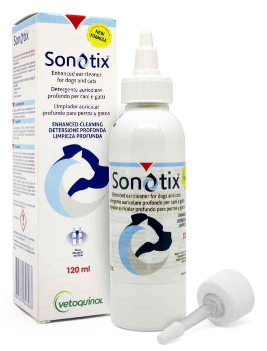 SONOTIX DETERGENTE AURICOLARE PROFONDO CANI E GATTI FLACONE 120 ML + CANNULA CORTA RIGIDA + CANNULA LUNGA FLESSIBILE - fitfarma.it