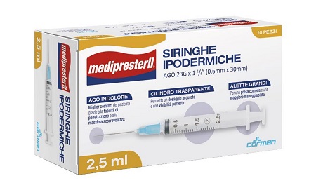 SIRINGA IPODERMICA MEDIPRESTERIL AGO 23 GAUGE 1 1/4 0,6X30MM 2,5 ML 10 PEZZI - fitfarma.it
