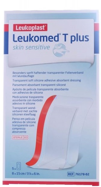 LEUKOMED T PLUS SKIN SENSITIVE MEDICAZIONE POST-OPERATORIA TRASPARENTE IMPERMEABILE CON MASSA ADESIVA AL SILICONE 8X15CM 5 PEZZI - fitfarma.it