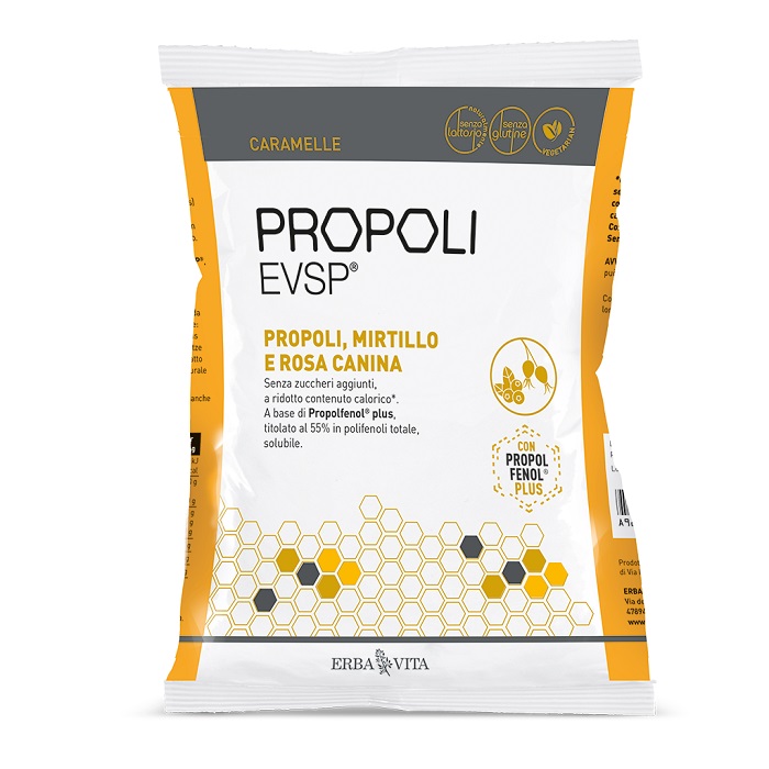 PROPOLI EVSP CARAMELLE PROPOLI MIRTILLO ROSA CANINA 65 G - fitfarma.it