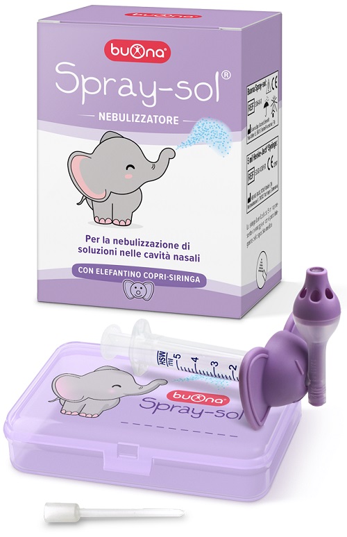 BUONA SPRAY-SOL KIT 5 PEZZI 1 SPRAY SOL + 1 SIRINGA LUER LOCK DA 5 ML + 1 AGO CANNULA + ELEFANTINO COPRI-SIRINGA - fitfarma.it