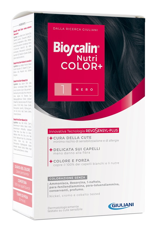 BIOSCALIN NUTRICOLOR PLUS 1 NERO CREMA COLORANTE 40 ML + RIVELATORE CREMA 60 ML + SHAMPOO 12 ML + TRATTAMENTO FINALE BALSAMO 12 ML - fitfarma.it