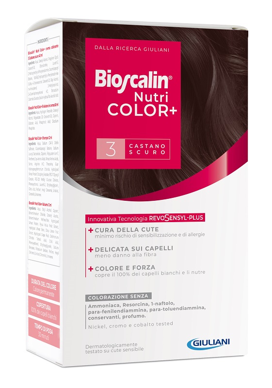 BIOSCALIN NUTRICOLOR PLUS 3 CASTANO SCURO CREMA COLORANTE 40 ML + RIVELATORE CREMA 60 ML + SHAMPOO 12 ML + TRATTAMENTO FINALE BALSAMO 12 ML - fitfarma.it