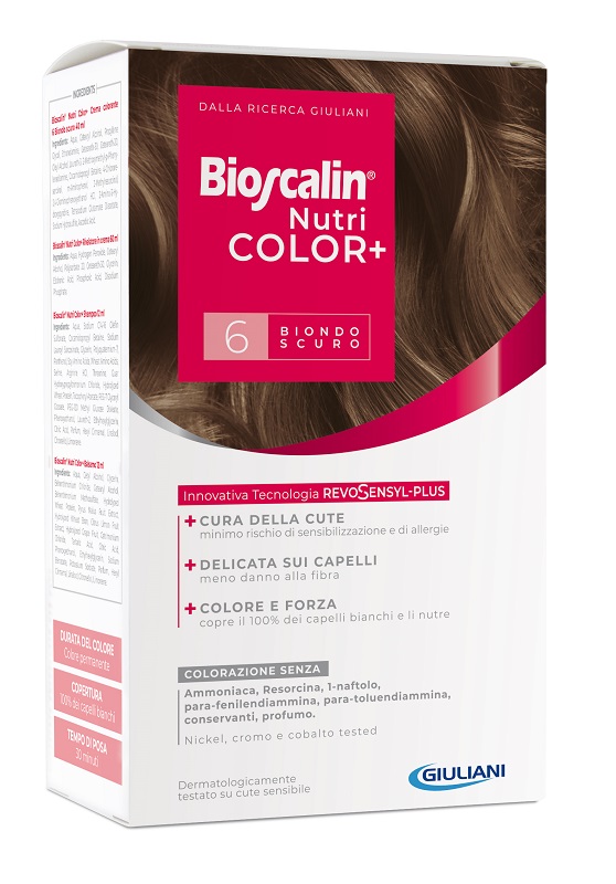 BIOSCALIN NUTRICOLOR PLUS 6 BIONDO SCURO CREMA COLORANTE 40 ML + RIVELATORE CREMA 60 ML + SHAMPOO 12 ML + TRATTAMENTO FINALE BALSAMO 12 ML - fitfarma.it