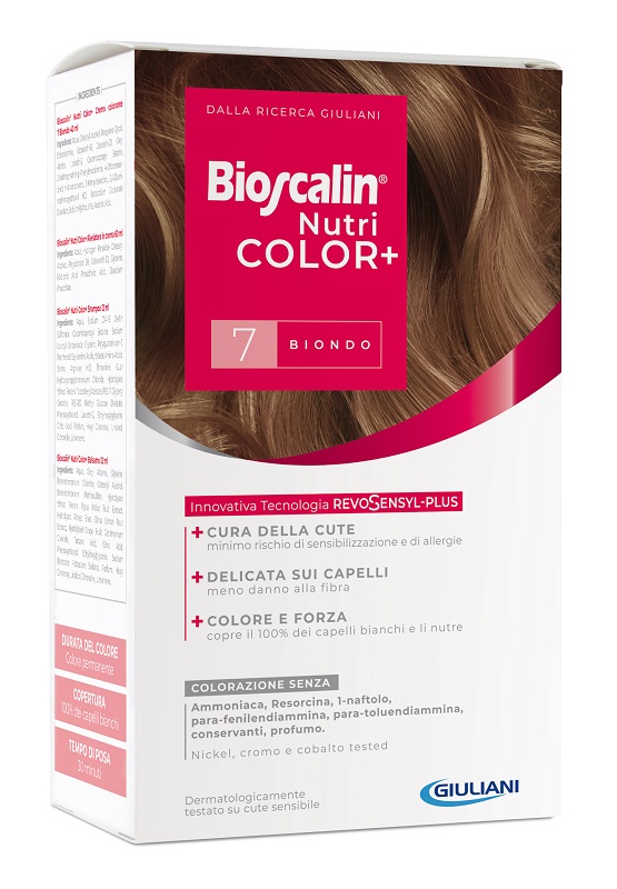 BIOSCALIN NUTRICOLOR PLUS 7 BIONDO CREMA COLORANTE 40 ML + RIVELATORE CREMA 60 ML + SHAMPOO 12 ML + TRATTAMENTO FINALE BALSAMO 12 ML - fitfarma.it