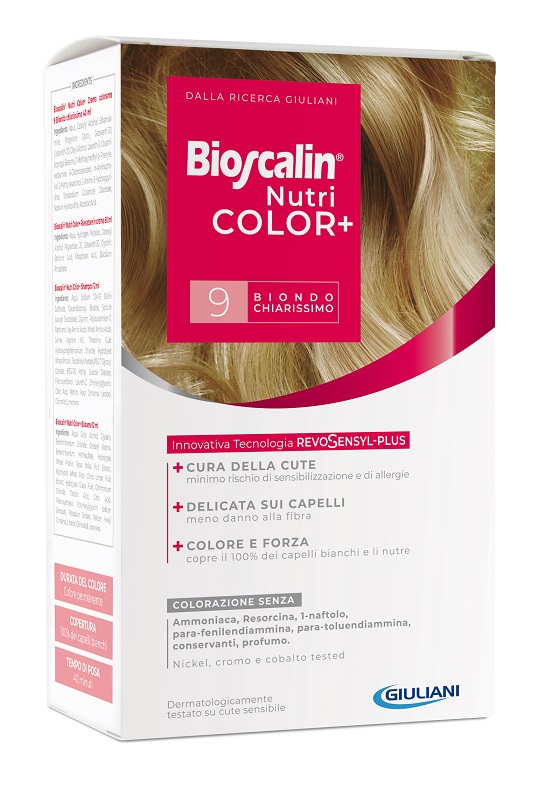 BIOSCALIN NUTRICOLOR PLUS 9 BIONDO CHIARISSIMO CREMA COLORANTE 40 ML + RIVELATORE CREMA 60 ML + SHAMPOO 12 ML + TRATTAMENTO FINALE BALSAMO 12 ML - fitfarma.it