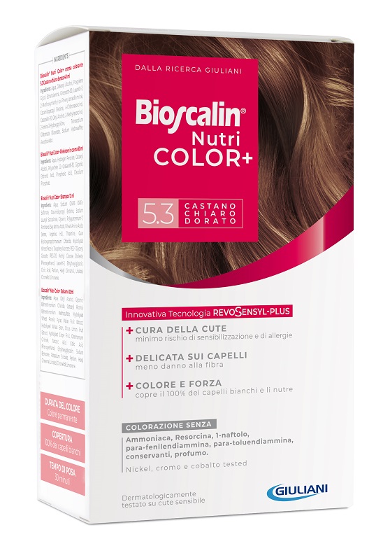 BIOSCALIN NUTRICOLOR PLUS 5,3 CASTANO CHIARO DORATO CREMA COLORANTE 40 ML + RIVELATORE CREMA 60 ML + SHAMPOO 12 ML + TRATTAMENTO FINALE BALSAMO 12 ML - fitfarma.it