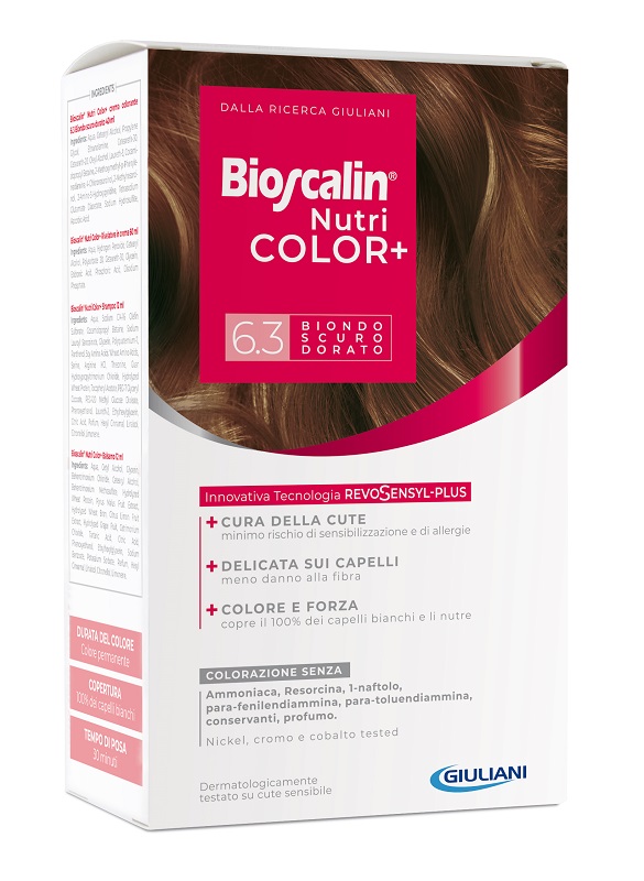 BIOSCALIN NUTRICOLOR PLUS 6,3 BIONDO SCURO DORATO CREMA COLORANTE 40 ML + RIVELATORE CREMA 60 ML + SHAMPOO 12 ML + TRATTAMENTO FINALE BALSAMO 12 ML - fitfarma.it