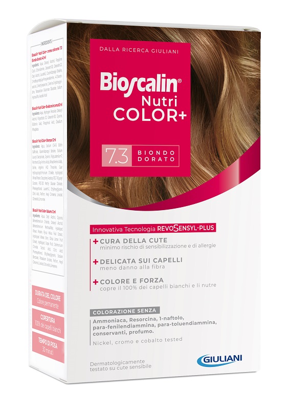 BIOSCALIN NUTRICOLOR PLUS 7,3 BIONDO DORATO CREMA COLORANTE 40 ML + RIVELATORE CREMA 60 ML + SHAMPOO 12 ML + TRATTAMENTO FINALE BALSAMO 12 ML - fitfarma.it