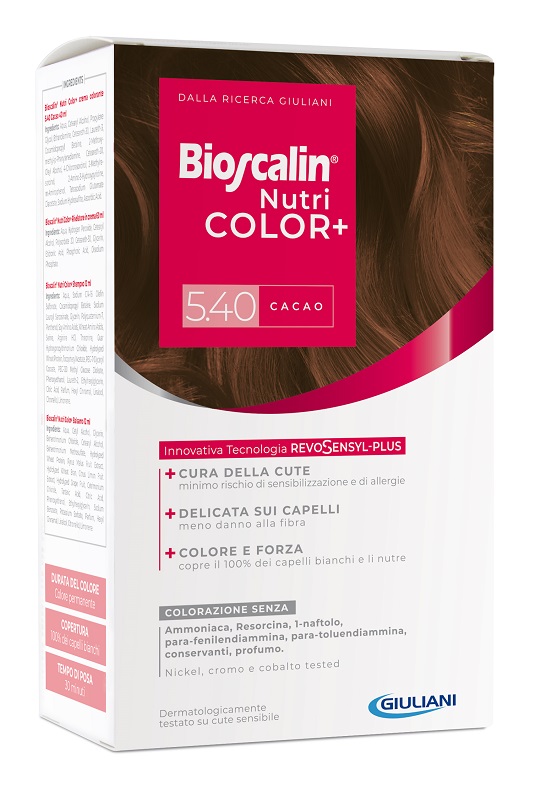 BIOSCALIN NUTRICOLOR PLUS 5,40 CACAO CREMA COLORANTE 40 ML + RIVELATORE CREMA 60 ML + SHAMPOO 12 ML + TRATTAMENTO FINALE BALSAMO 12 ML - fitfarma.it