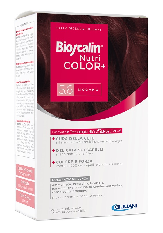 BIOSCALIN NUTRICOLOR PLUS 5,6 MOGANO CREMA COLORANTE 40 ML + RIVELATORE CREMA 60 ML + SHAMPOO 12 ML + TRATTAMENTO FINALE BALSAMO 12 ML - fitfarma.it