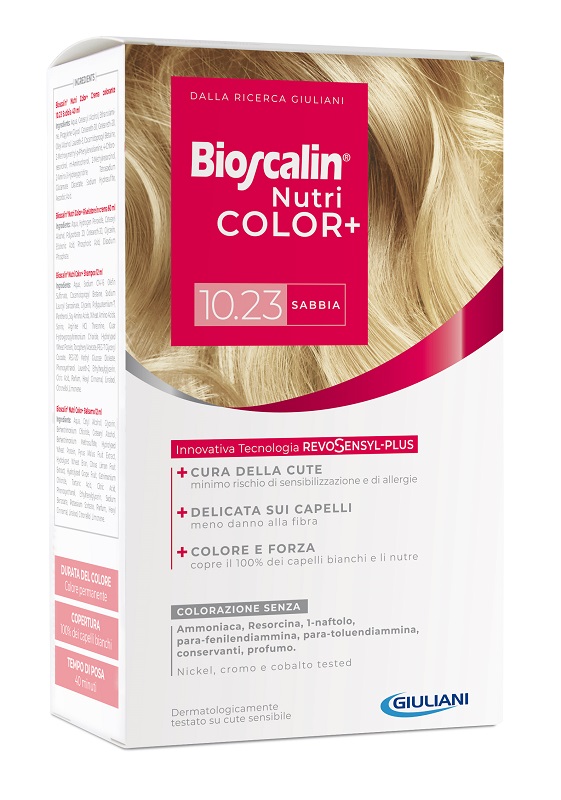 BIOSCALIN NUTRICOLOR PLUS 10,23 SABBIA CREMA COLORANTE 40 ML + RIVELATORE CREMA 60 ML + SHAMPOO 12 ML + TRATTAMENTO FINALE BALSAMO 12 ML - fitfarma.it
