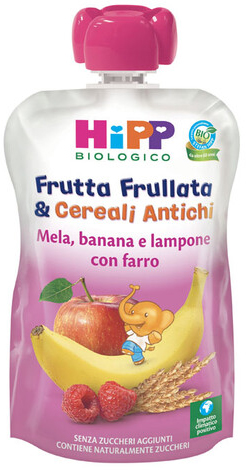 HIPP BIO FRUTTA FRULLATA&CEREALI ANTICHI MELA BANANA LAMPONE FARRO 90 G - fitfarma.it