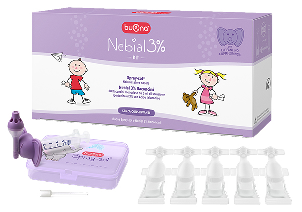 NEBIAL 3% KIT 20 FLACONCINI MONODOSE 5ML SOLUZIONE IPERTONICA CON ACIDO IALURONICO + NEBULIZZATORE SPRAY-SOL - fitfarma.it